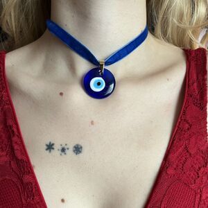 Glass Evil Eye Talisman Choker on Blue Velvet Ribbon with Gold Accents Boho